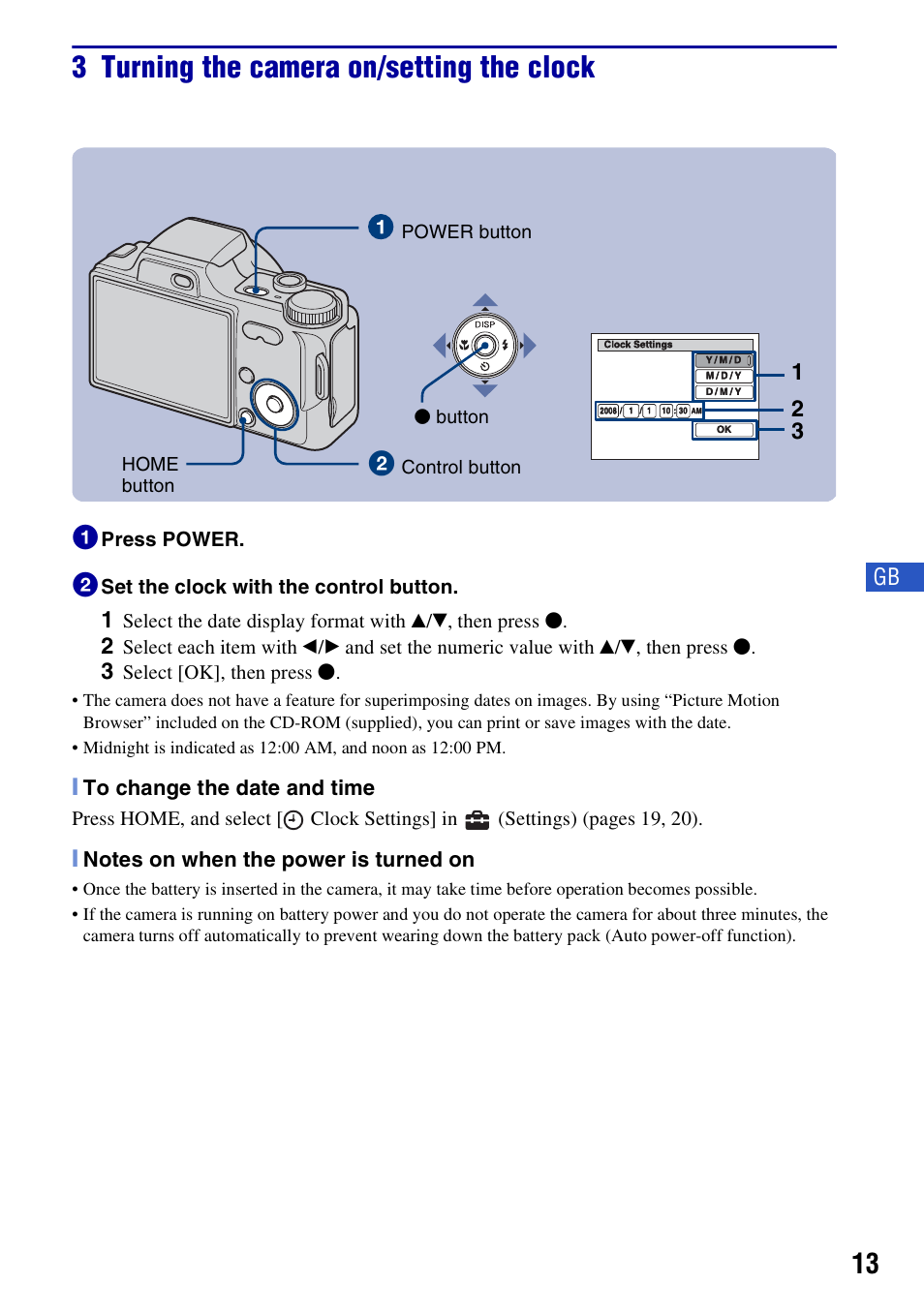 3 turning the camera on/setting the clock | Sony DSC-H10 User Manual | Page 13 / 68