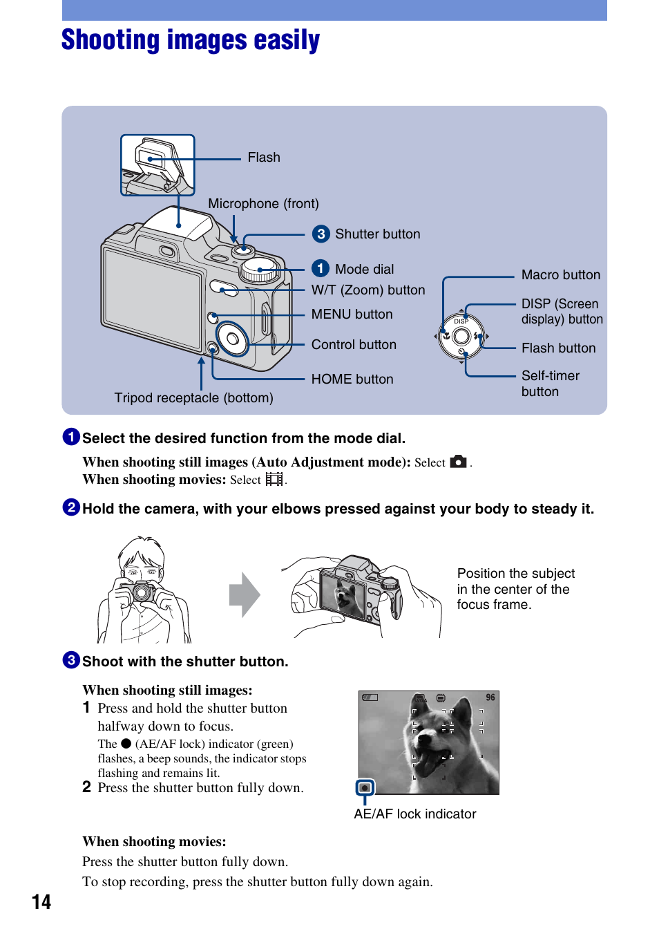 Shooting images easily | Sony DSC-H10 User Manual | Page 14 / 68