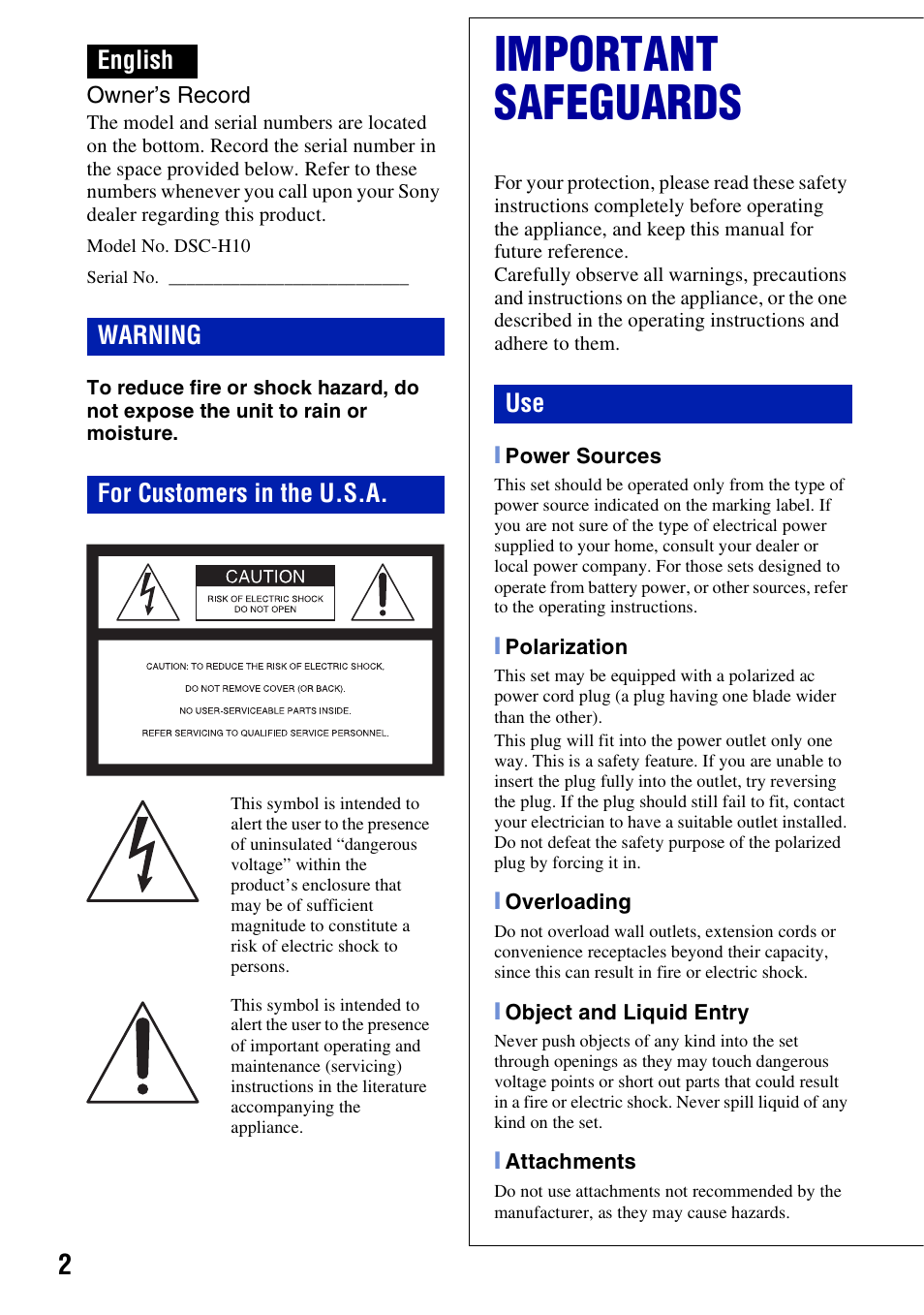 Important safeguards, English warning for customers in the u.s.a | Sony DSC-H10 User Manual | Page 2 / 68