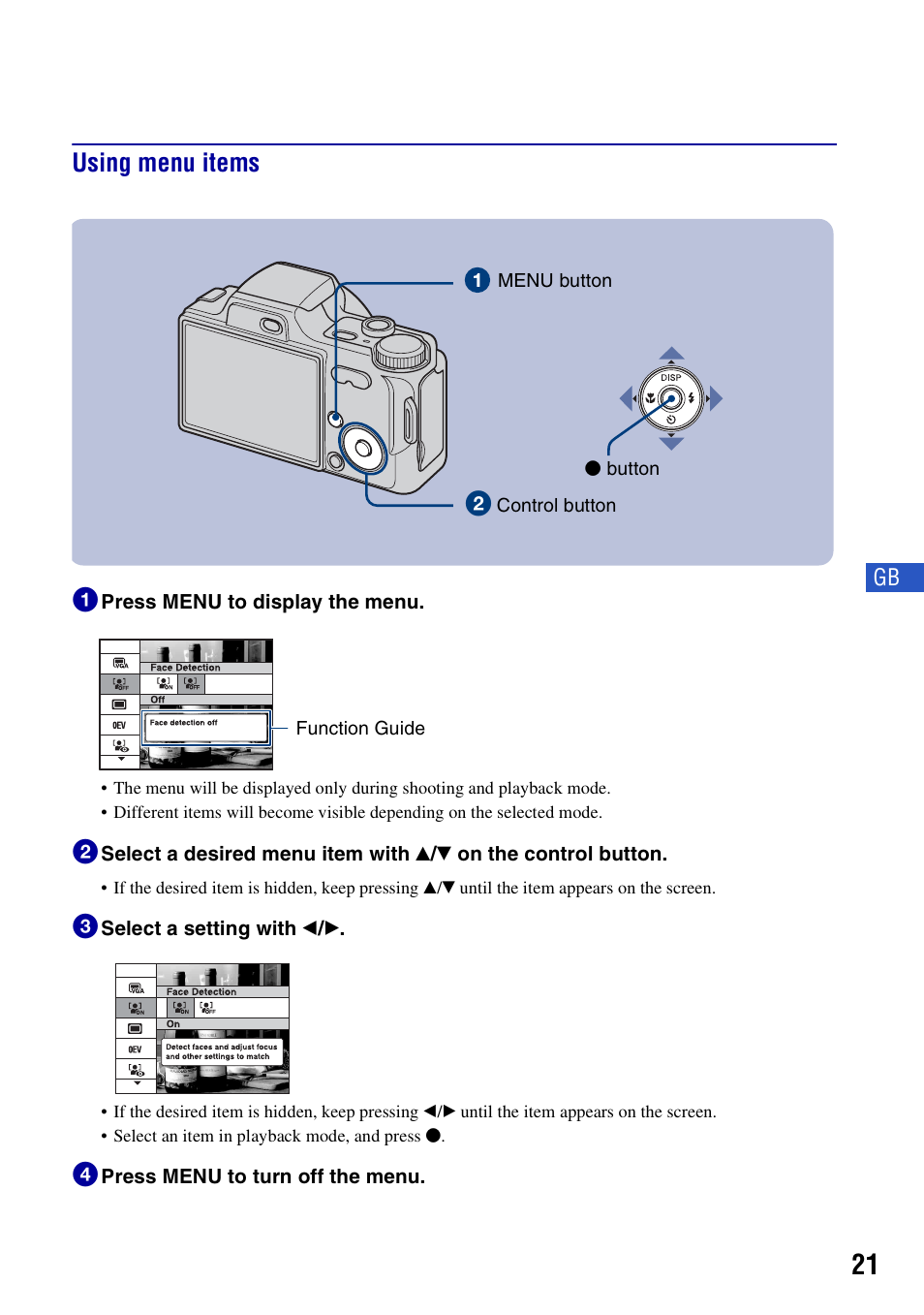 Using menu items, Using menu items 1 | Sony DSC-H10 User Manual | Page 21 / 68