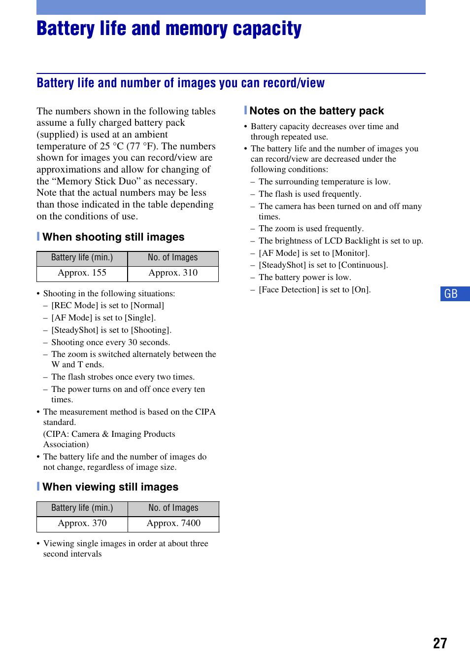 Battery life and memory capacity | Sony DSC-H10 User Manual | Page 27 / 68