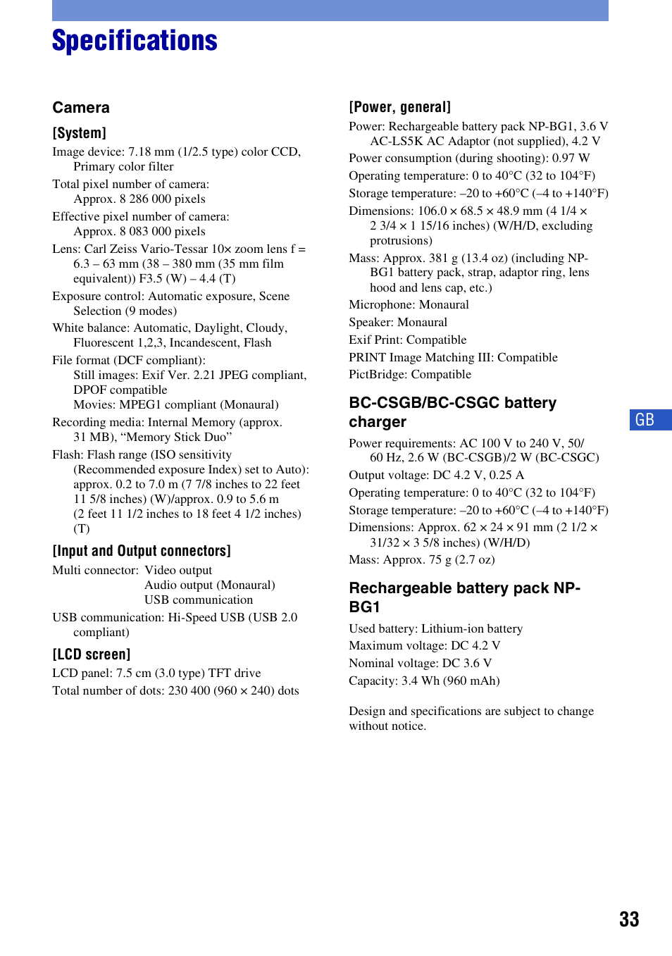 Specifications | Sony DSC-H10 User Manual | Page 33 / 68