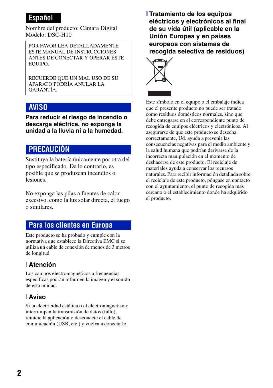 Español, Aviso precaución para los clientes en europa | Sony DSC-H10 User Manual | Page 36 / 68