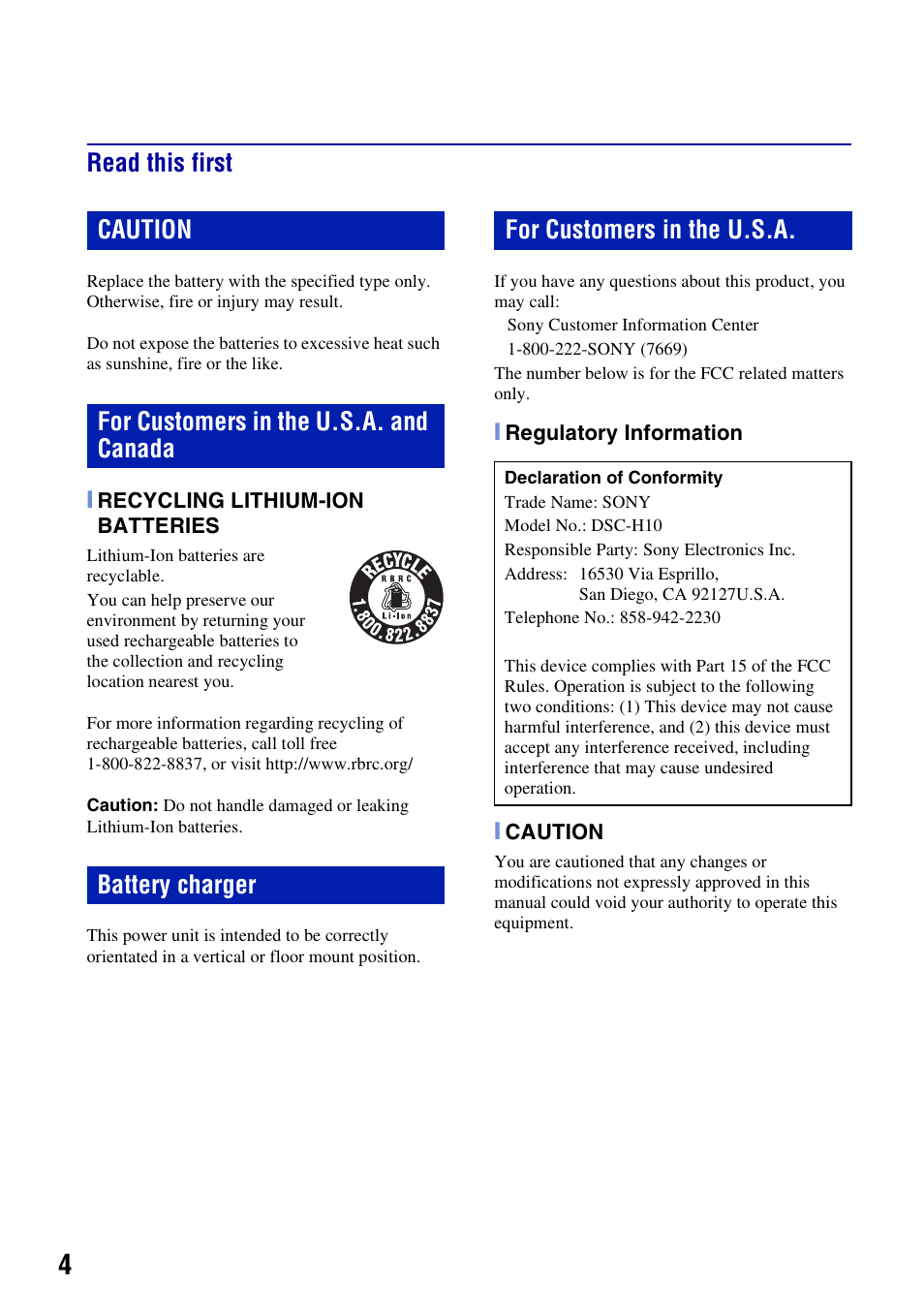 Read this first | Sony DSC-H10 User Manual | Page 4 / 68