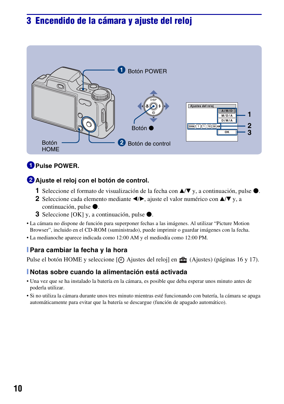 3 encendido de la cámara y ajuste del reloj | Sony DSC-H10 User Manual | Page 44 / 68