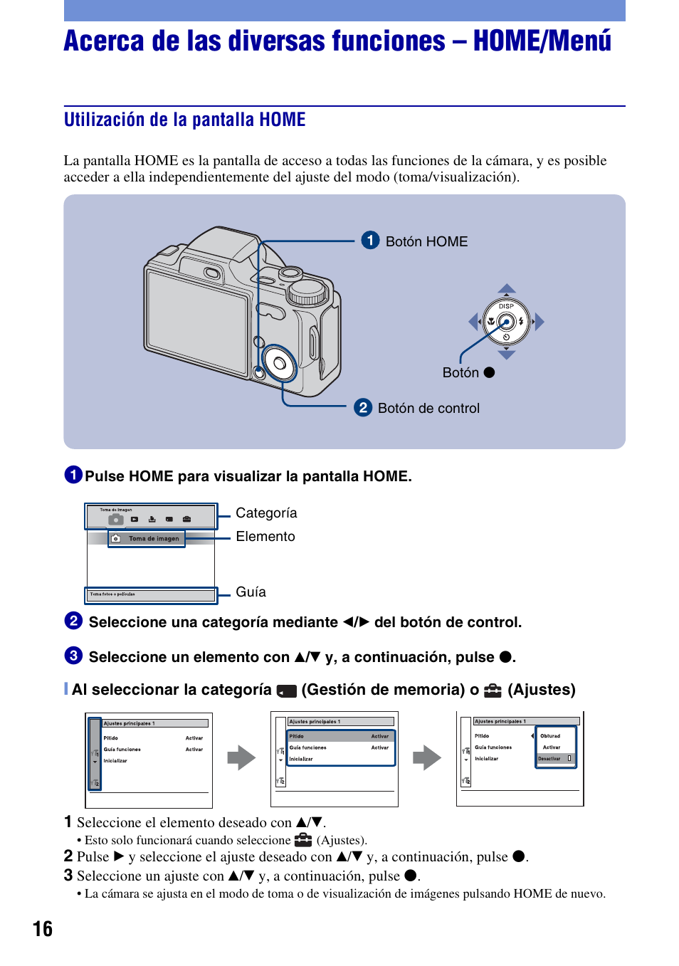 Acerca de las diversas funciones – home/menú, Utilización de la pantalla home | Sony DSC-H10 User Manual | Page 50 / 68