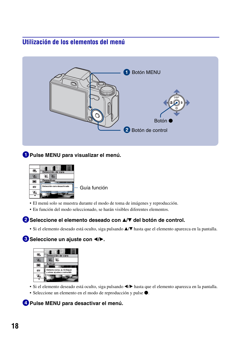 Utilización de los elementos del menú, Utilización de los elementos del menú 1 | Sony DSC-H10 User Manual | Page 52 / 68