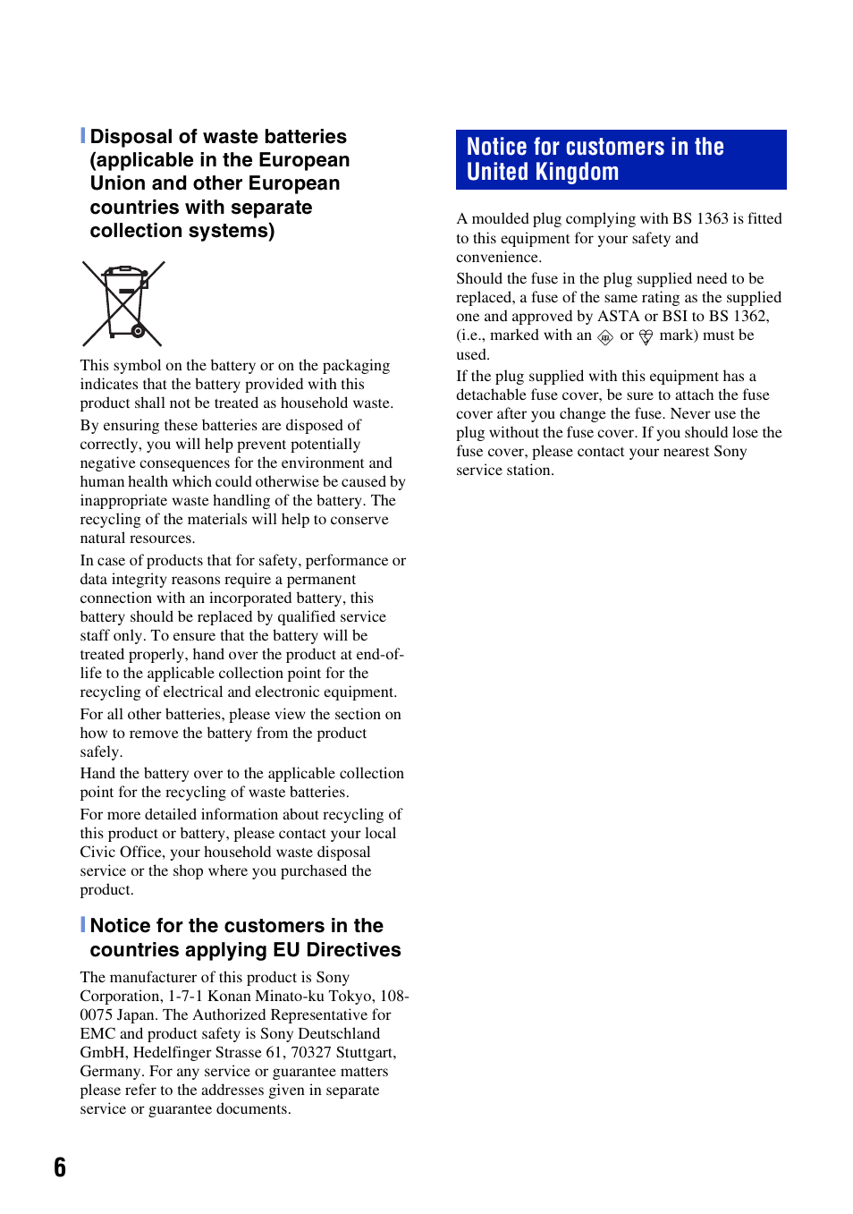 Notice for customers in the united kingdom | Sony DSC-H10 User Manual | Page 6 / 68