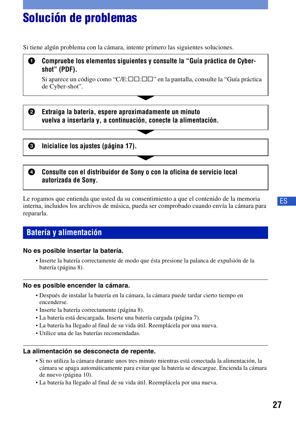 Solución de problemas, Batería y alimentación | Sony DSC-H10 User Manual | Page 61 / 68