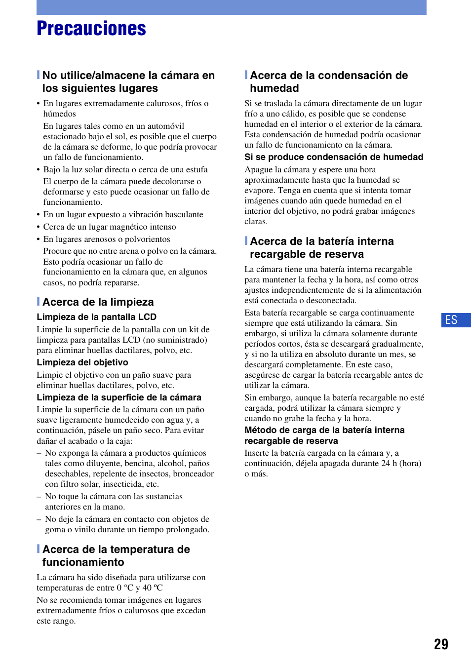 Precauciones | Sony DSC-H10 User Manual | Page 63 / 68