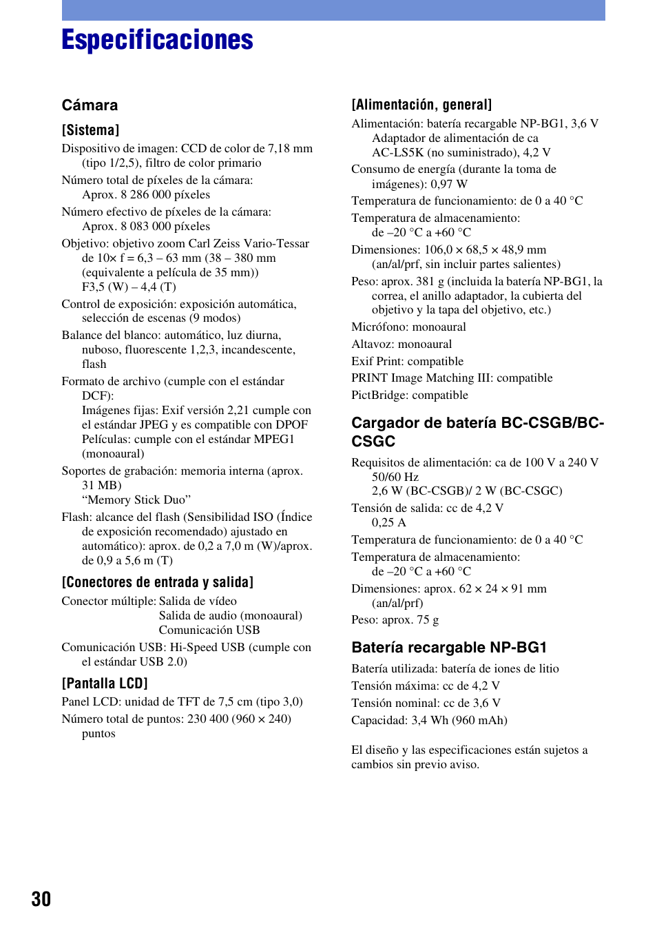 Especificaciones | Sony DSC-H10 User Manual | Page 64 / 68