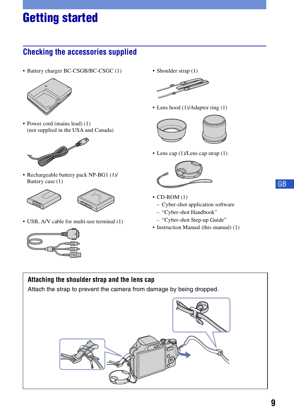 Getting started, Checking the accessories supplied | Sony DSC-H10 User Manual | Page 9 / 68