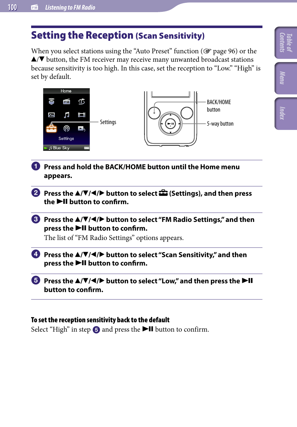 Setting the reception (scan sensitivity), Setting the reception, Scan sensitivity) | Scan sensitivity | Sony NWZ-S638FREDWM User Manual | Page 100 / 166