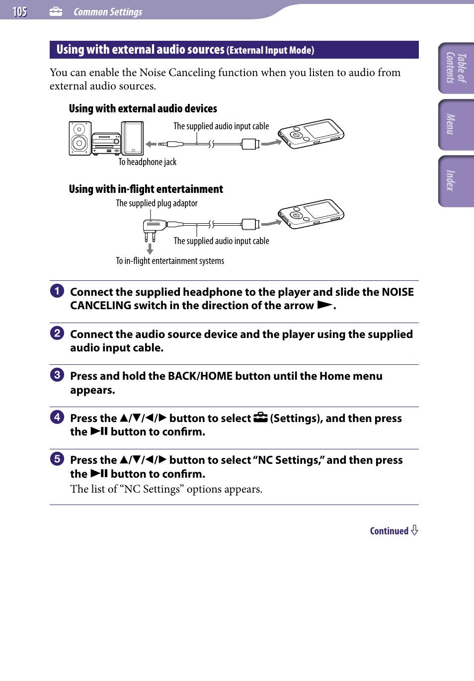 Using with external audio sources, External input mode), Nc settings | Nc modes | Sony NWZ-S638FREDWM User Manual | Page 105 / 166