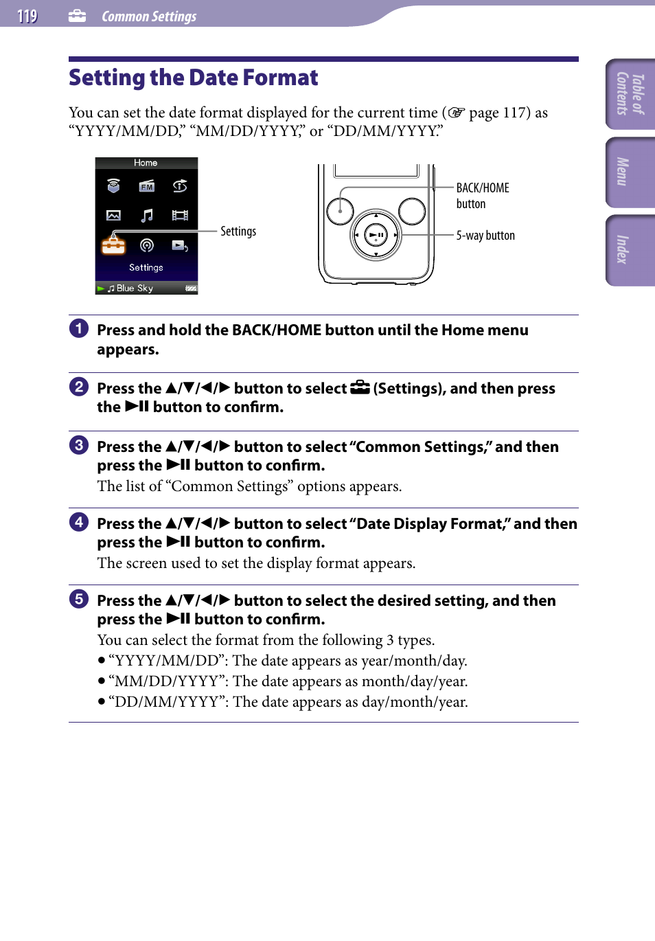 Setting the date format, Date display format, 119), o | Sony NWZ-S638FREDWM User Manual | Page 119 / 166