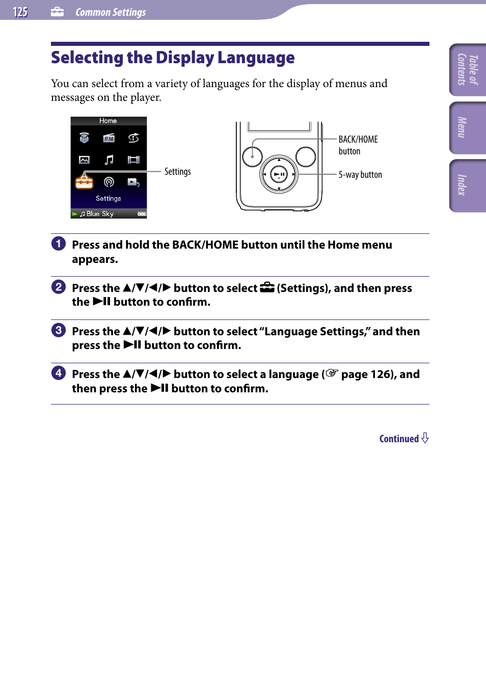 Selecting the display language, Language settings | Sony NWZ-S638FREDWM User Manual | Page 125 / 166