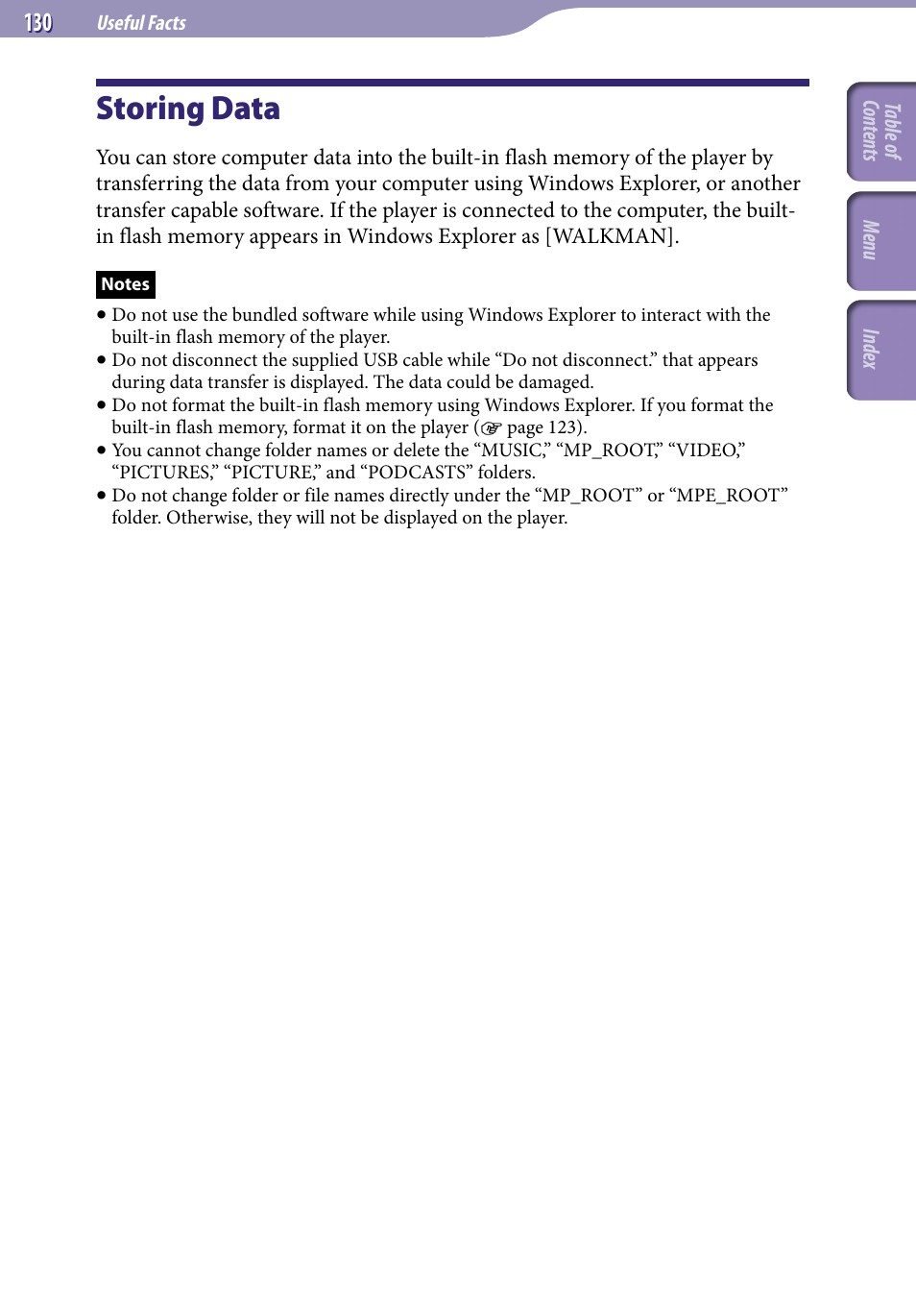 Storing data | Sony NWZ-S638FREDWM User Manual | Page 130 / 166