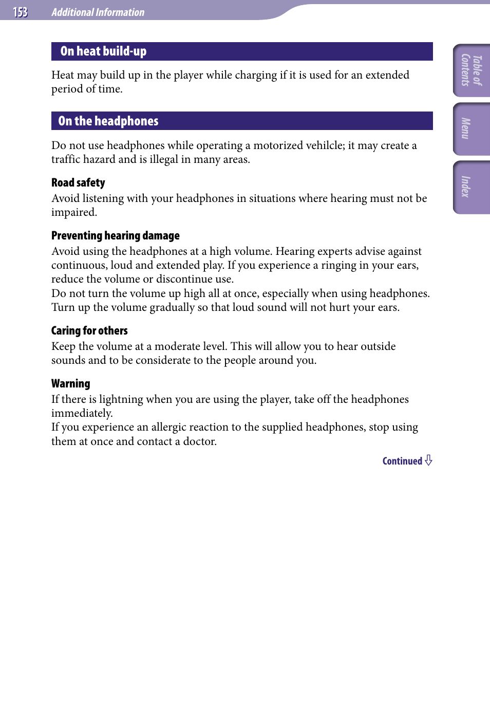 On heat build-up, On the headphones | Sony NWZ-S638FREDWM User Manual | Page 153 / 166
