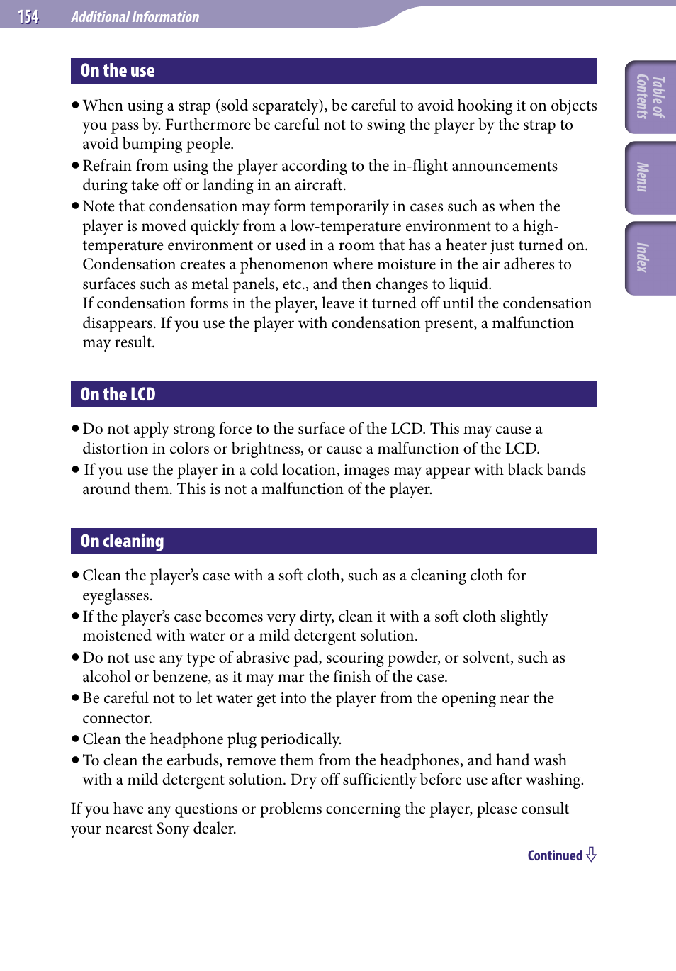 On the use, On the lcd, On cleaning | Sony NWZ-S638FREDWM User Manual | Page 154 / 166