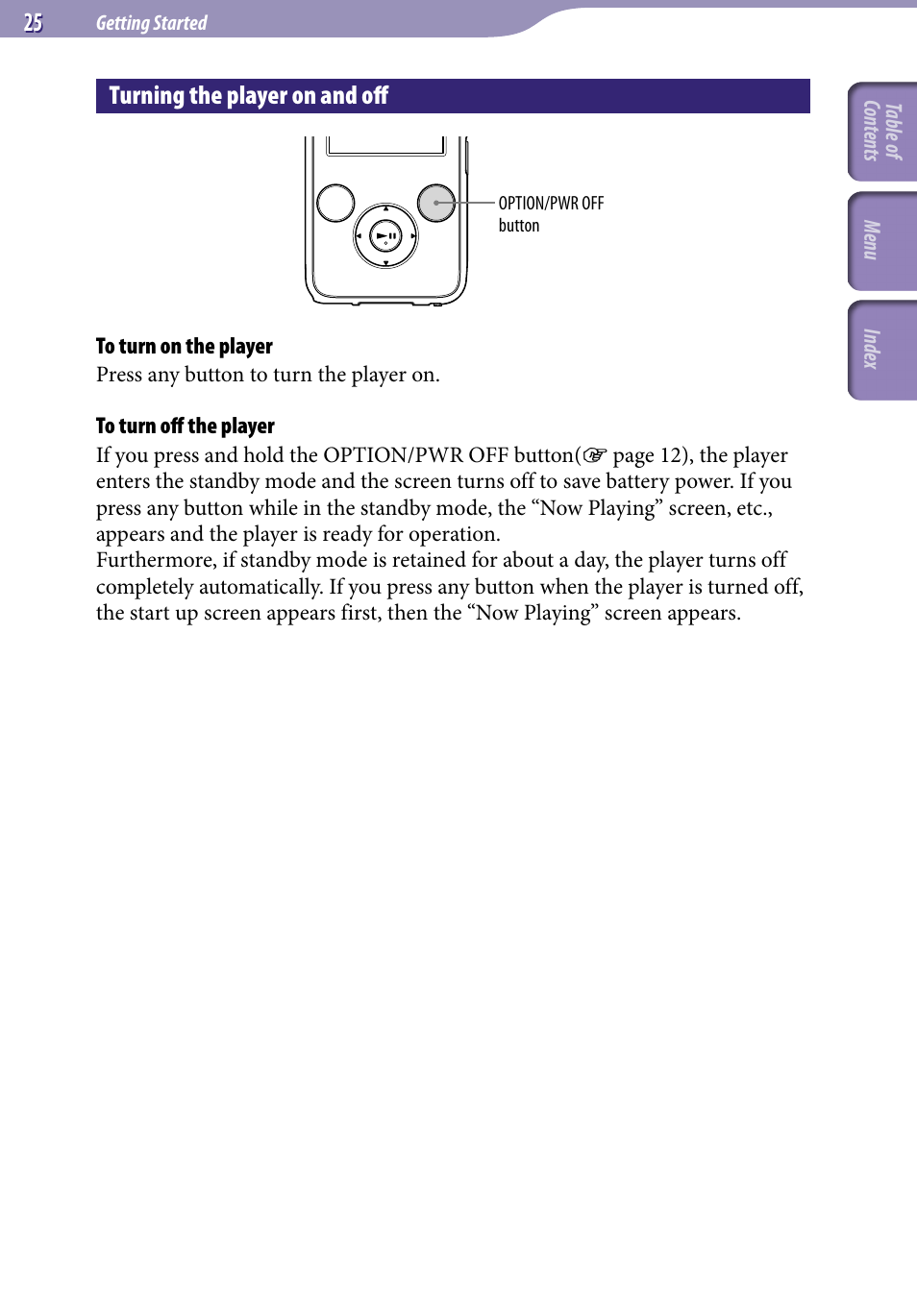 Turning the player on and off | Sony NWZ-S638FREDWM User Manual | Page 25 / 166