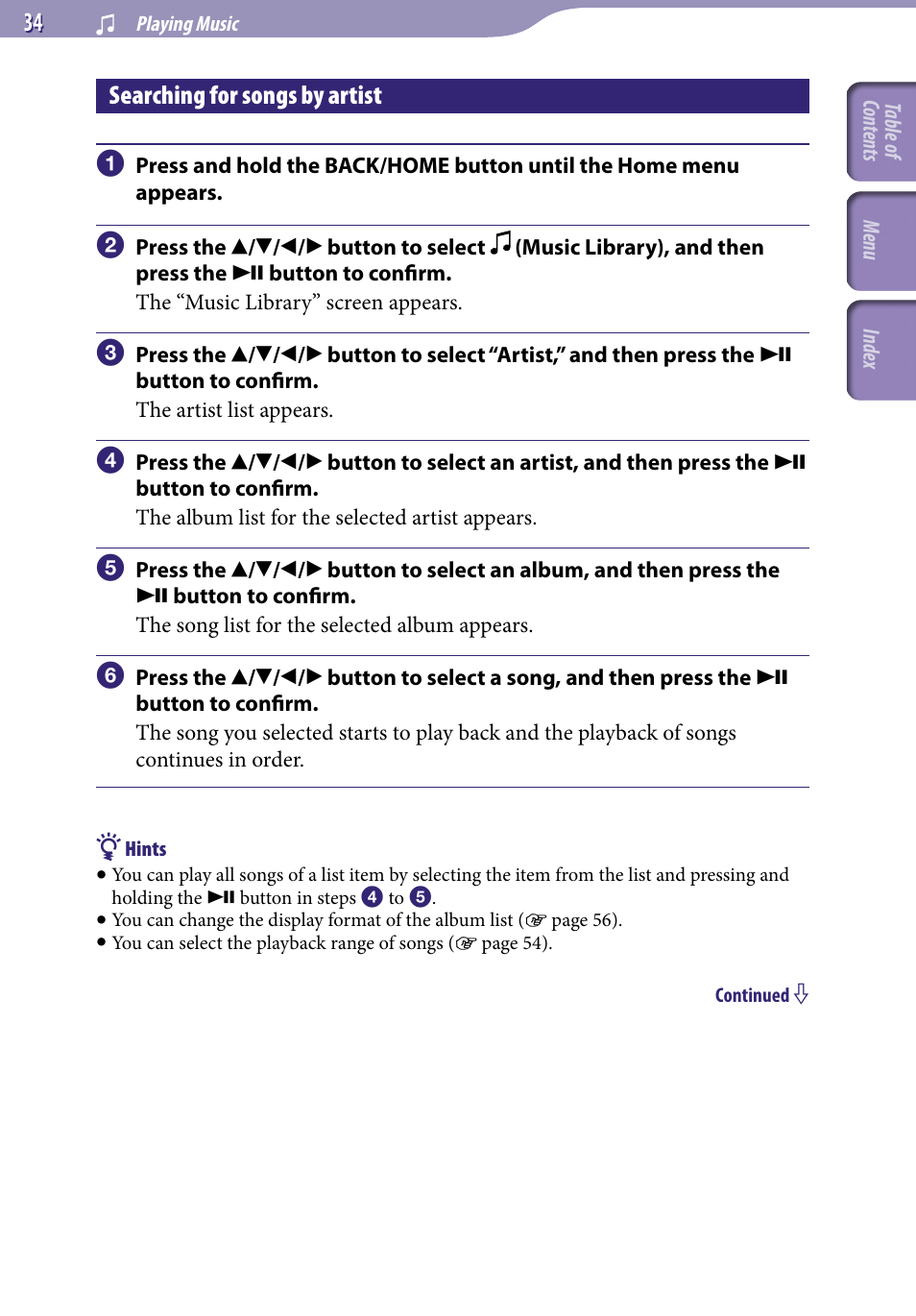 Searching for songs by artist, Artist | Sony NWZ-S638FREDWM User Manual | Page 34 / 166