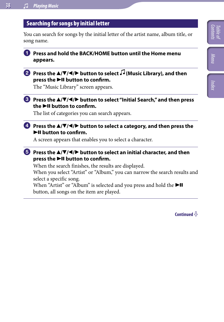 Searching for songs by initial letter, Initial search | Sony NWZ-S638FREDWM User Manual | Page 38 / 166