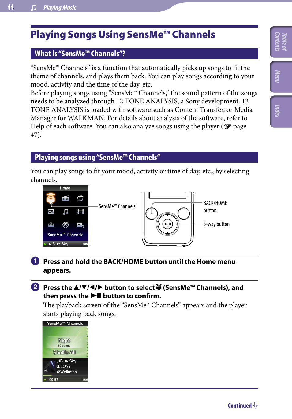 Playing songs using sensme™ channels, What is “sensme™ channels, Playing songs using “sensme™ channels | Playing songs, Using sensme™ channels, Sensme™ channels | Sony NWZ-S638FREDWM User Manual | Page 44 / 166