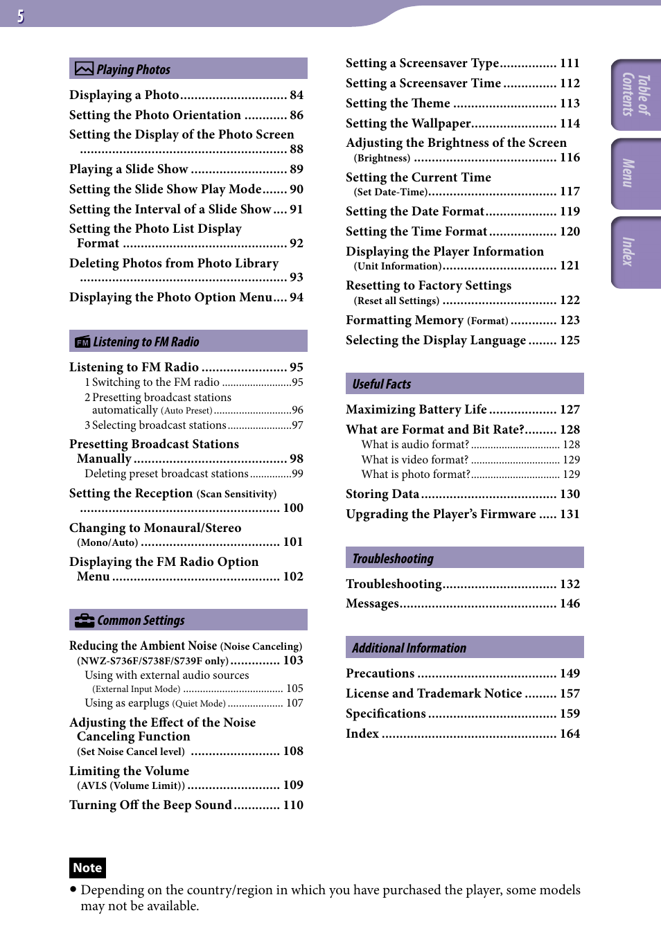 Table of cont ents menu inde x | Sony NWZ-S638FREDWM User Manual | Page 5 / 166