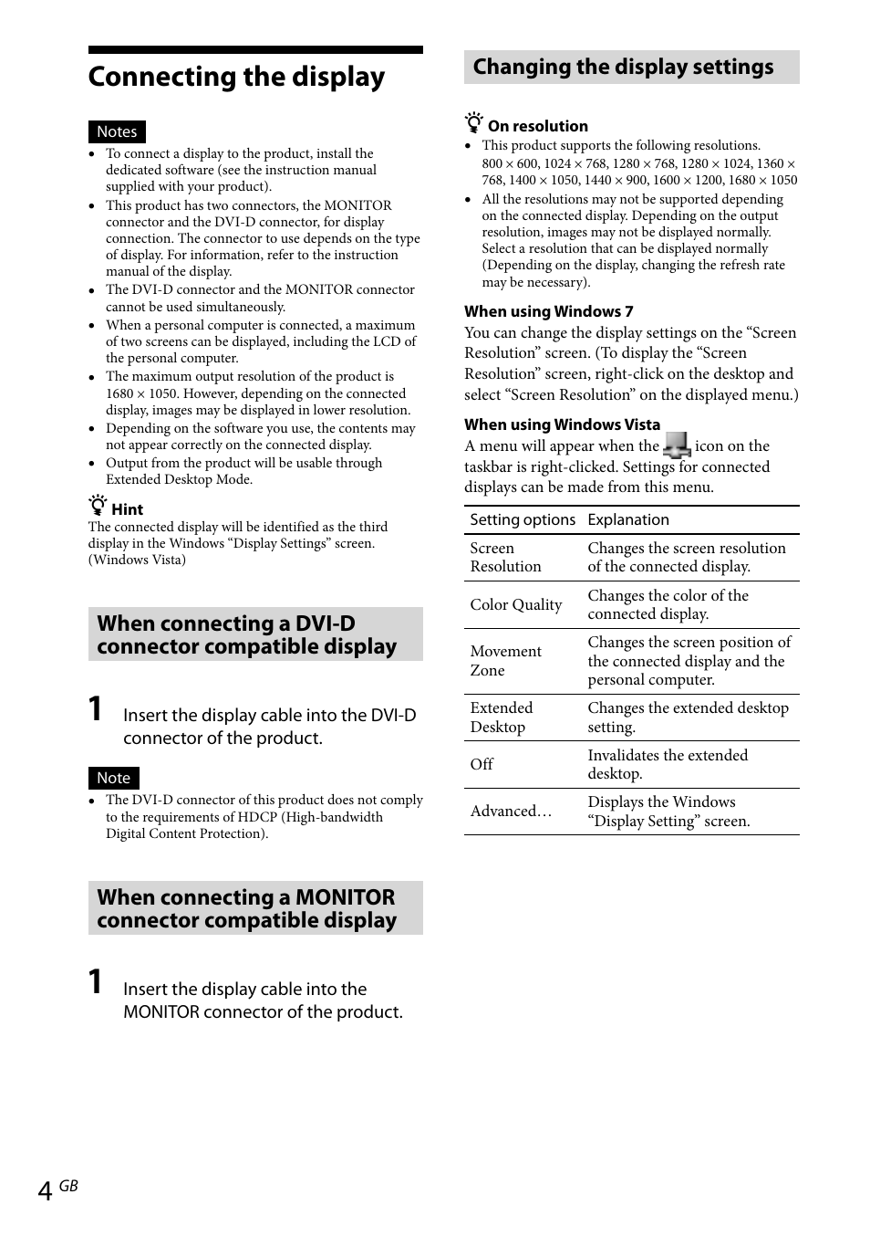 Connecting the display, Changing the display settings | Sony VGP-UPR1 User Manual | Page 16 / 57