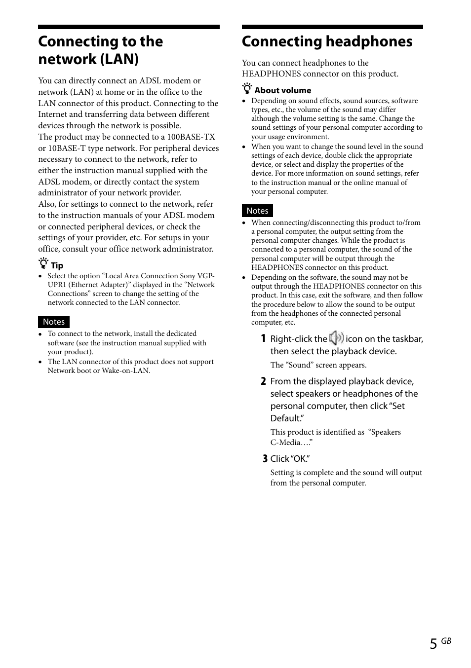 Connecting to the network (lan), Connecting headphones | Sony VGP-UPR1 User Manual | Page 17 / 57