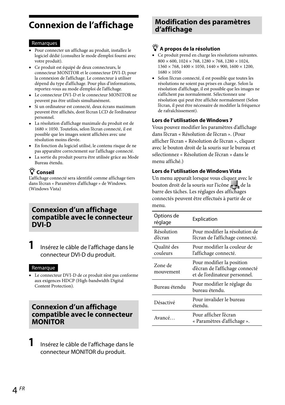 Connexion de l’affichage, Modification des paramètres d’affichage | Sony VGP-UPR1 User Manual | Page 27 / 57