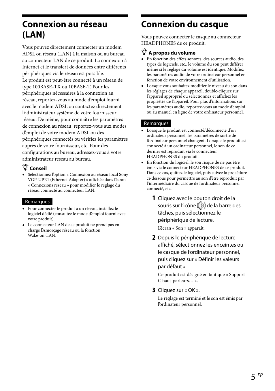 Connexion au réseau (lan), Connexion du casque | Sony VGP-UPR1 User Manual | Page 28 / 57
