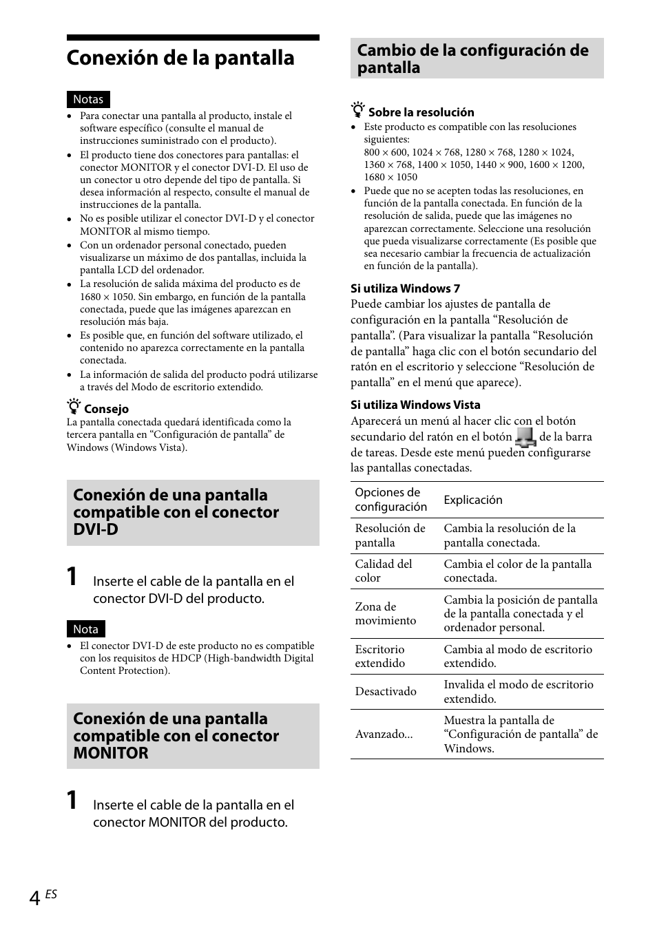 Conexión de la pantalla, Cambio de la configuración de pantalla | Sony VGP-UPR1 User Manual | Page 38 / 57