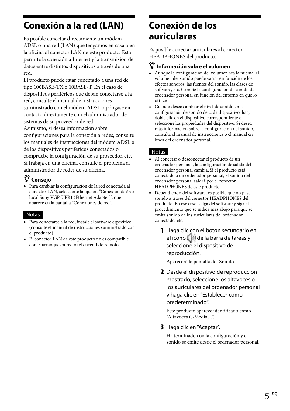 Conexión a la red (lan), Conexión de los auriculares | Sony VGP-UPR1 User Manual | Page 39 / 57