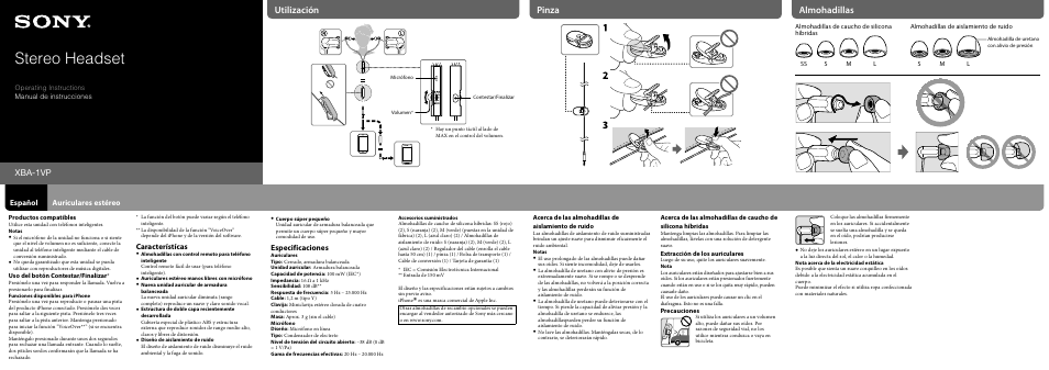 Stereo headset, Utilización pinza almohadillas, Xba-1vp | Especificaciones, Característícas, Español auriculares estéreo | Sony XBA-1VP User Manual | Page 2 / 2