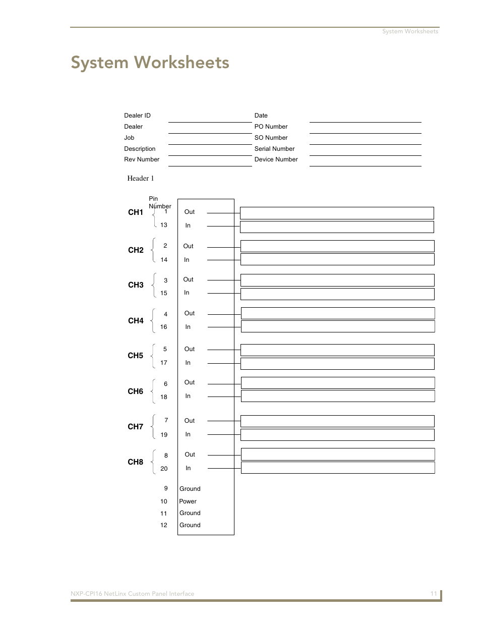 System worksheets | AMX NetLinx Custom Panel Interface NXP-CPI16 User Manual | Page 15 / 18