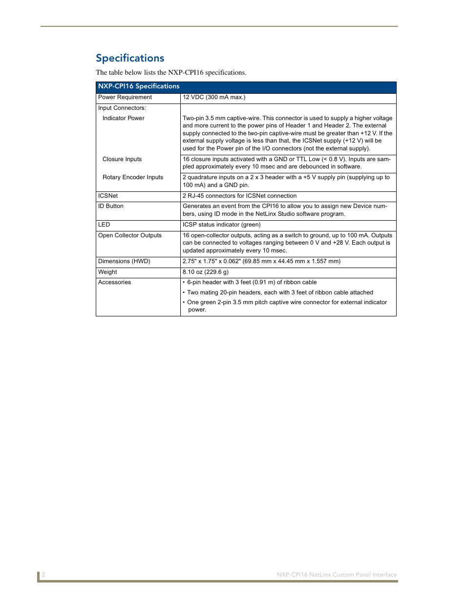 Specifications | AMX NetLinx Custom Panel Interface NXP-CPI16 User Manual | Page 6 / 18