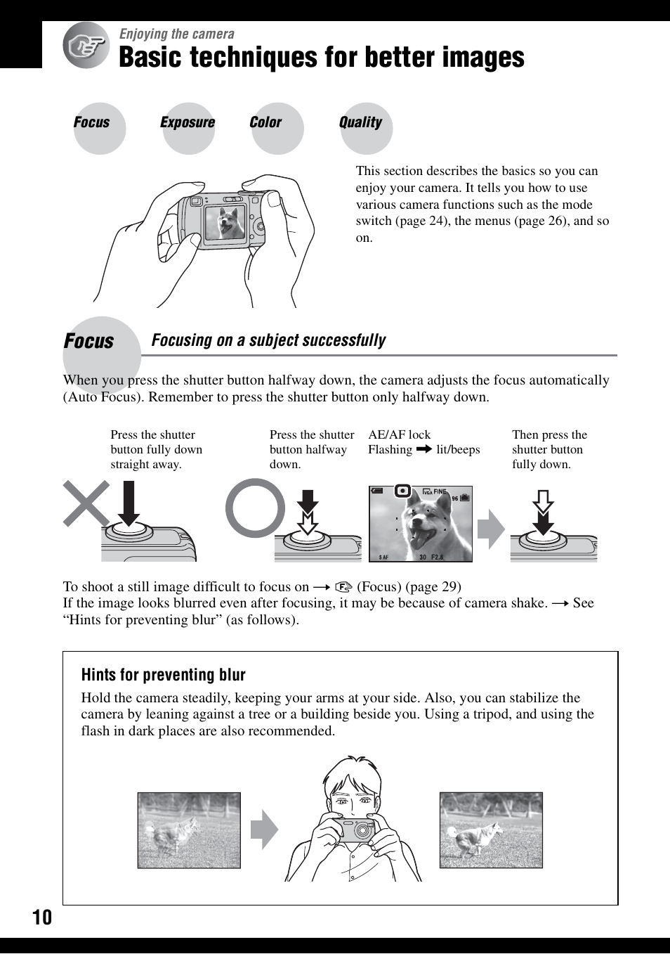 Enjoying the camera, Basic techniques for better images, Focus – focusing on a subject successfully | Focus | Sony DSC-S600 User Manual | Page 10 / 99