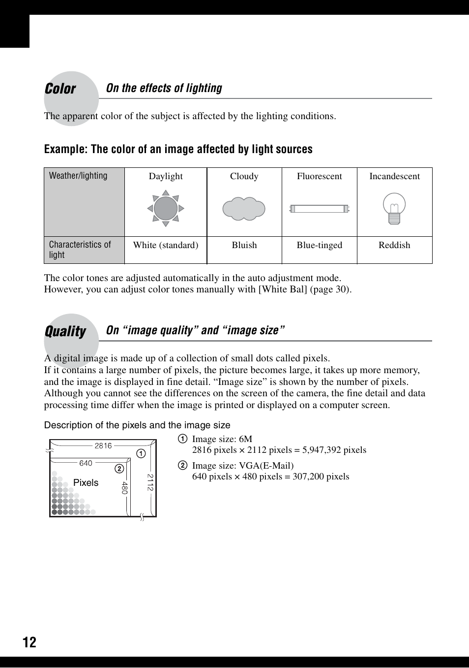 Color, Quality | Sony DSC-S600 User Manual | Page 12 / 99
