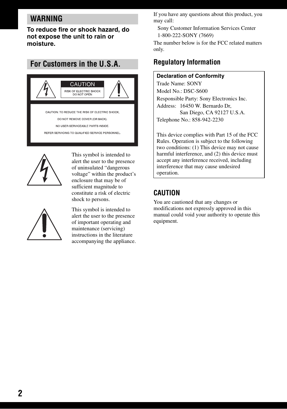 Warning for customers in the u.s.a | Sony DSC-S600 User Manual | Page 2 / 99