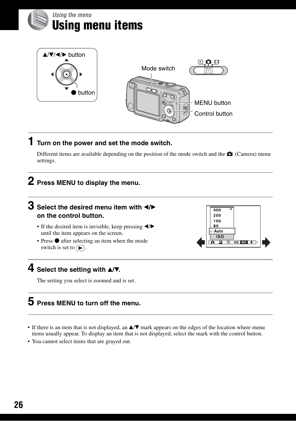 Using the menu, Using menu items, Nu (26) | Sony DSC-S600 User Manual | Page 26 / 99