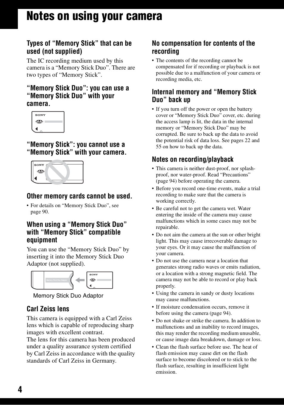 Notes on using your camera | Sony DSC-S600 User Manual | Page 4 / 99