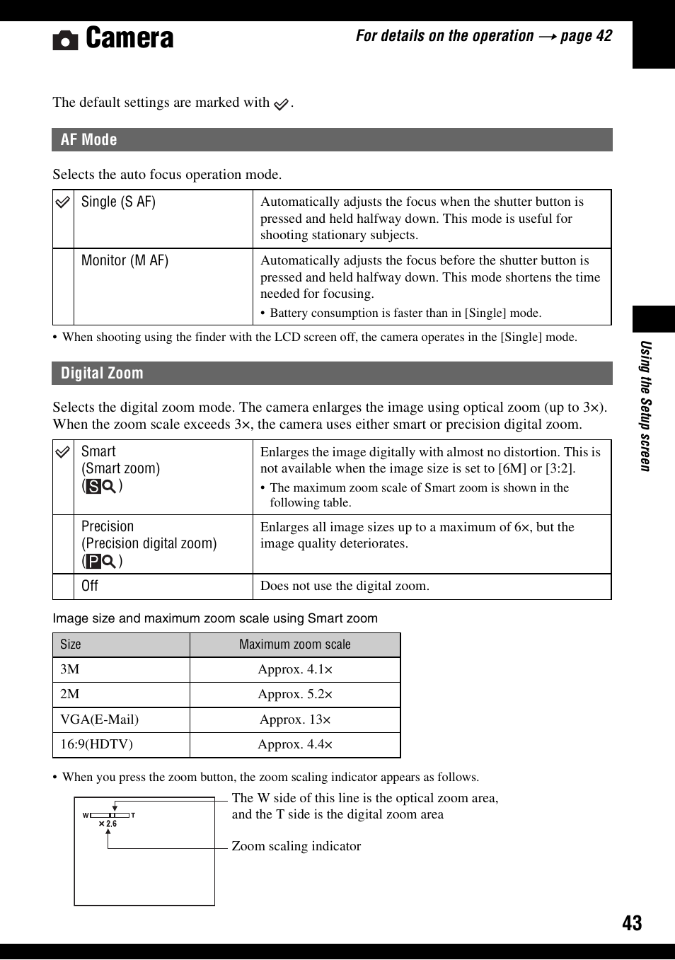 Camera, Af mode digital zoom | Sony DSC-S600 User Manual | Page 43 / 99