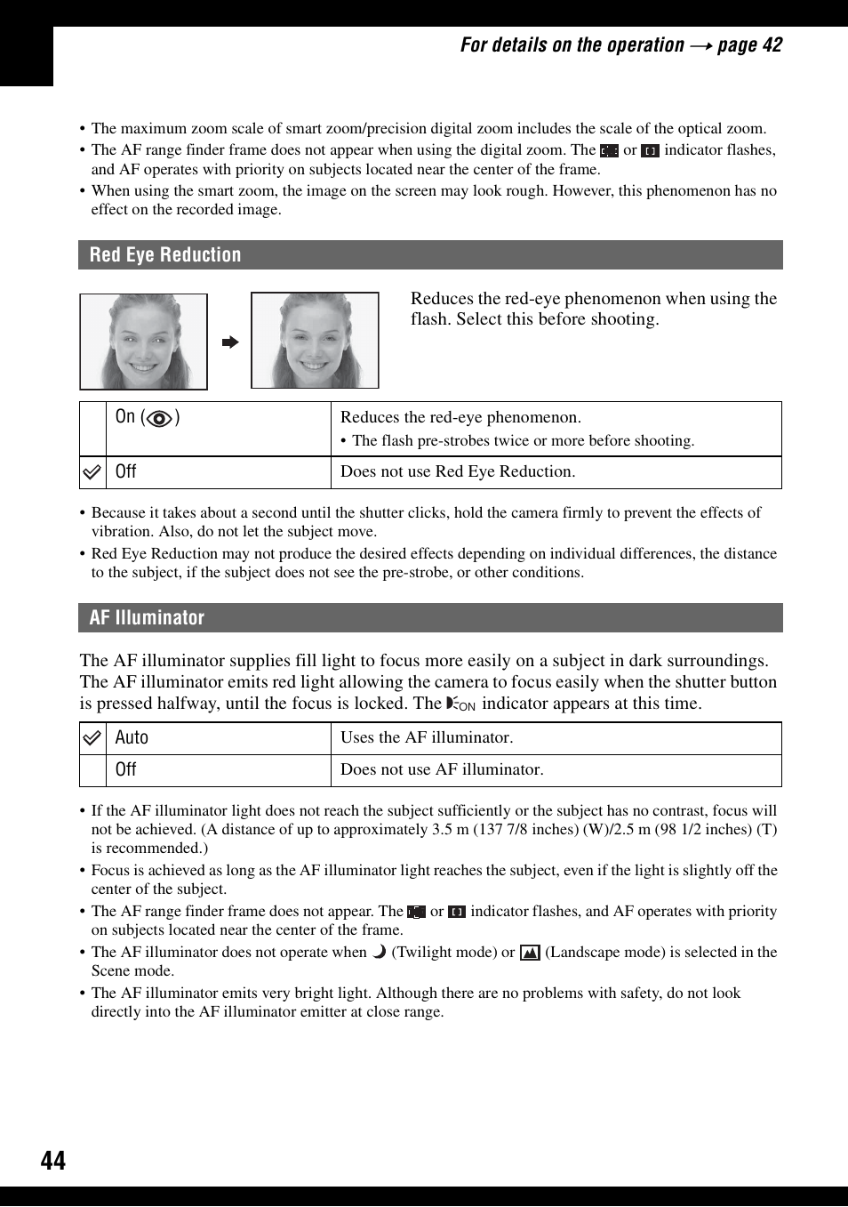 Red eye reduction af illuminator, On (44) | Sony DSC-S600 User Manual | Page 44 / 99