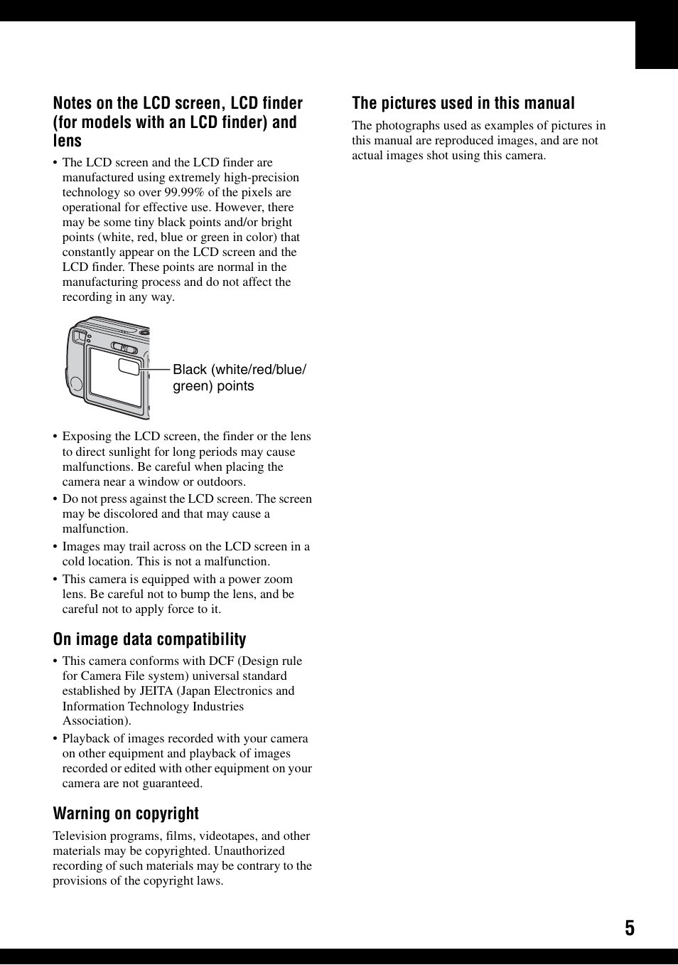 On image data compatibility, Warning on copyright, The pictures used in this manual | Sony DSC-S600 User Manual | Page 5 / 99