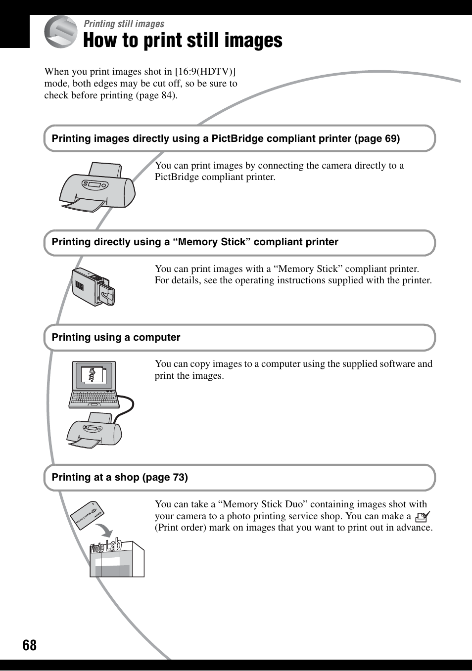 Printing still images, How to print still images | Sony DSC-S600 User Manual | Page 68 / 99