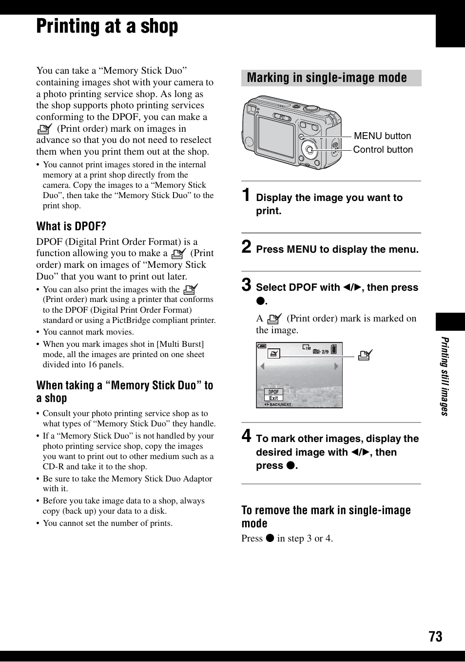 Printing at a shop, Marking in single-image mode | Sony DSC-S600 User Manual | Page 73 / 99