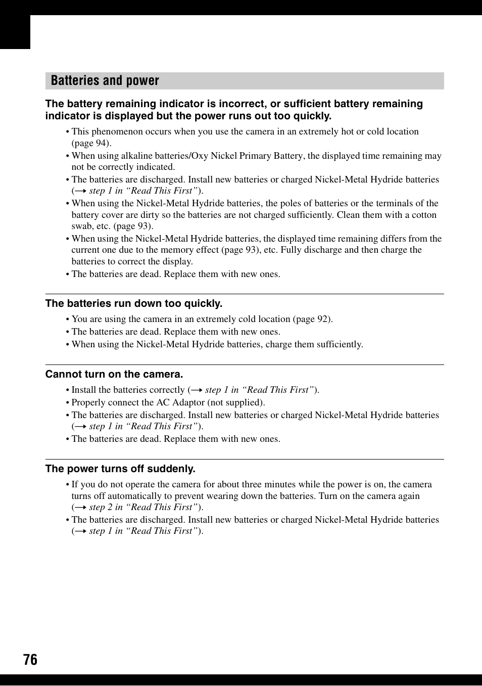 Batteries and power | Sony DSC-S600 User Manual | Page 76 / 99