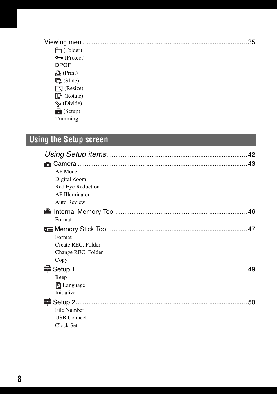 Using the setup screen, Using setup items | Sony DSC-S600 User Manual | Page 8 / 99