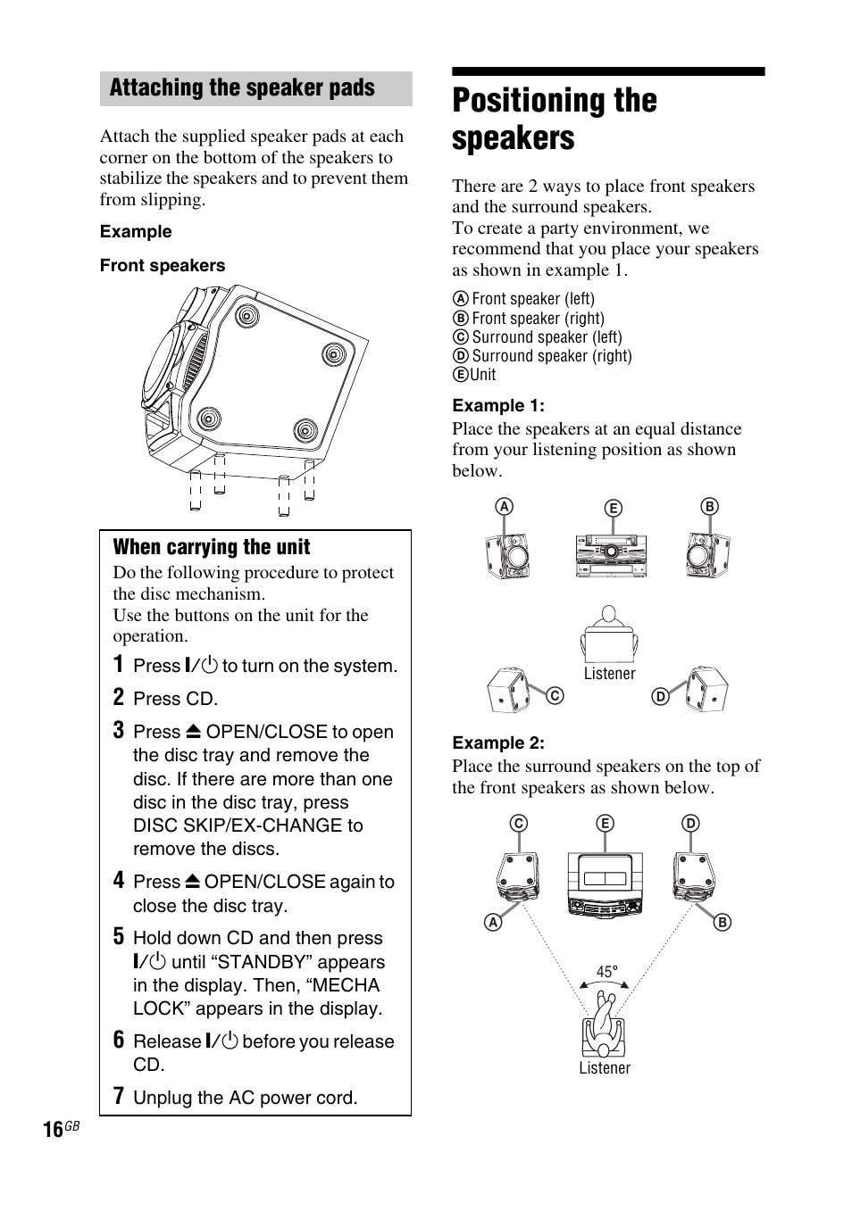 Positioning the speakers, Attaching the speaker pads | Sony FST-ZUX9 User Manual | Page 16 / 60